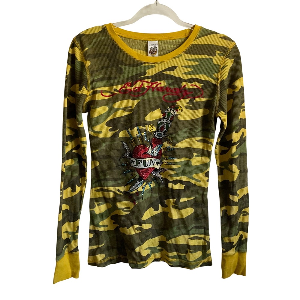 Ed Hardy Y2K‎ Camo Long Sleeve Rhinestone Graphic Printed Thermal - Size Medium